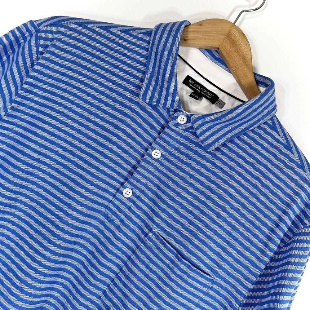 BANANA REPUBLIC Performance Pique Polo Mens‎ Size XL Blue Stripe Short Sleeve